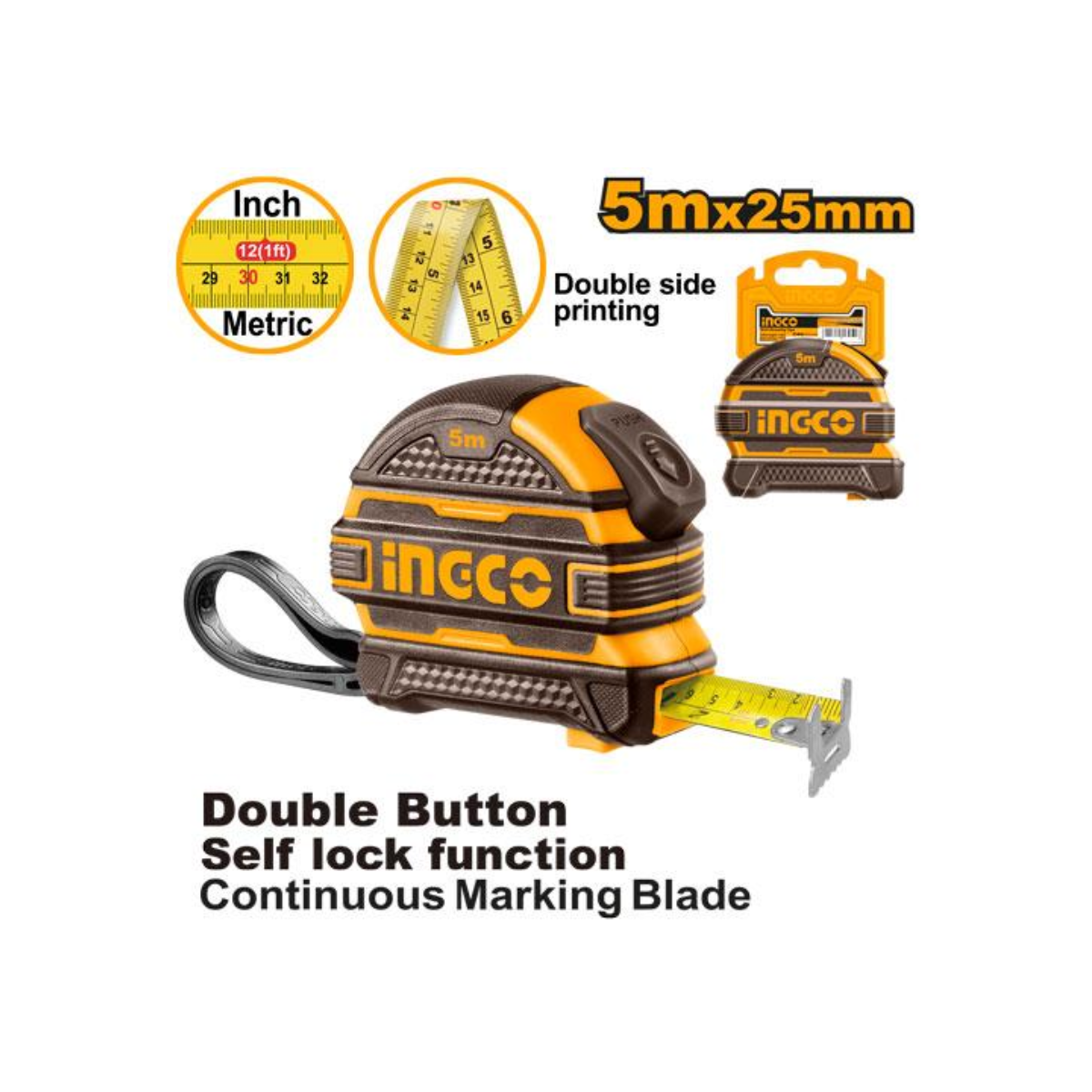 Cinta métrica de acero 5mx25mm (boton antibloqueo)