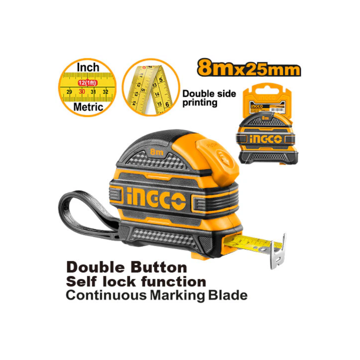 Cinta métrica de acero 8mx25mm (boton antibloqueo)